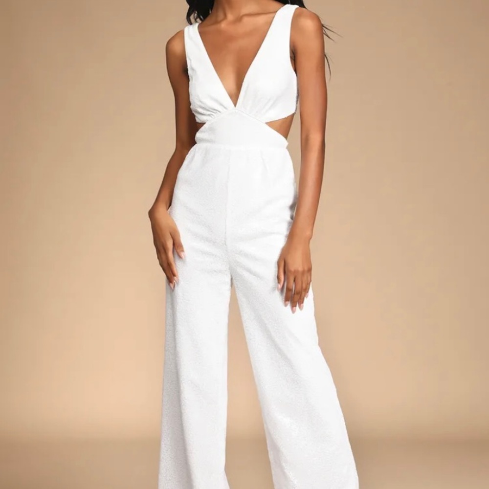 White Sequin Cutout Wide-Leg Jumpsuit Medium